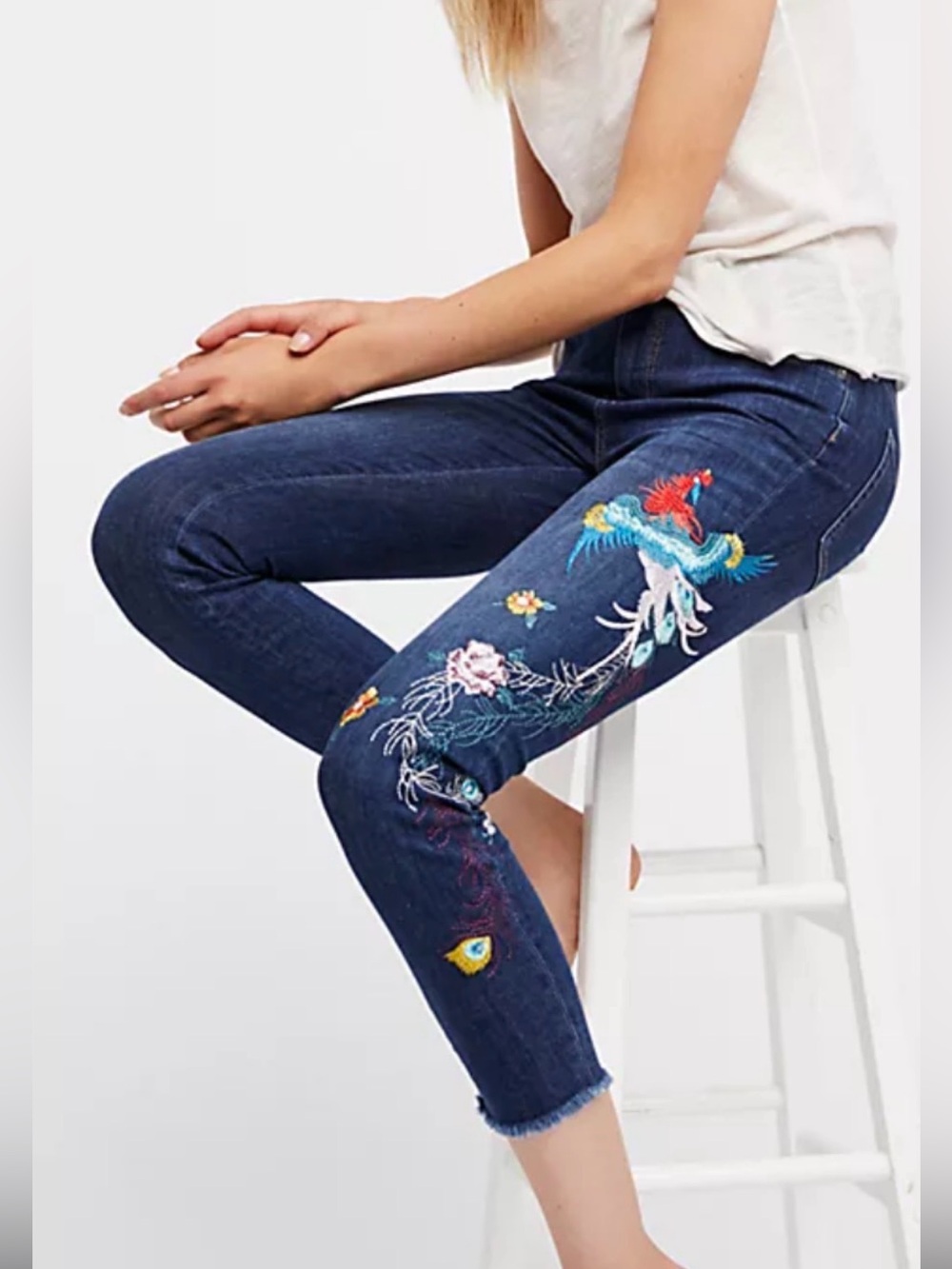 Free People Boho Embroidered Peacock Bird Floral Ankle Skinny Jeans Raw Hem~29